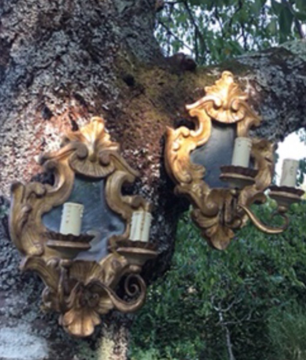 Pair Of Baroque Gilded Wood Mirror Wall Lights-photo-5