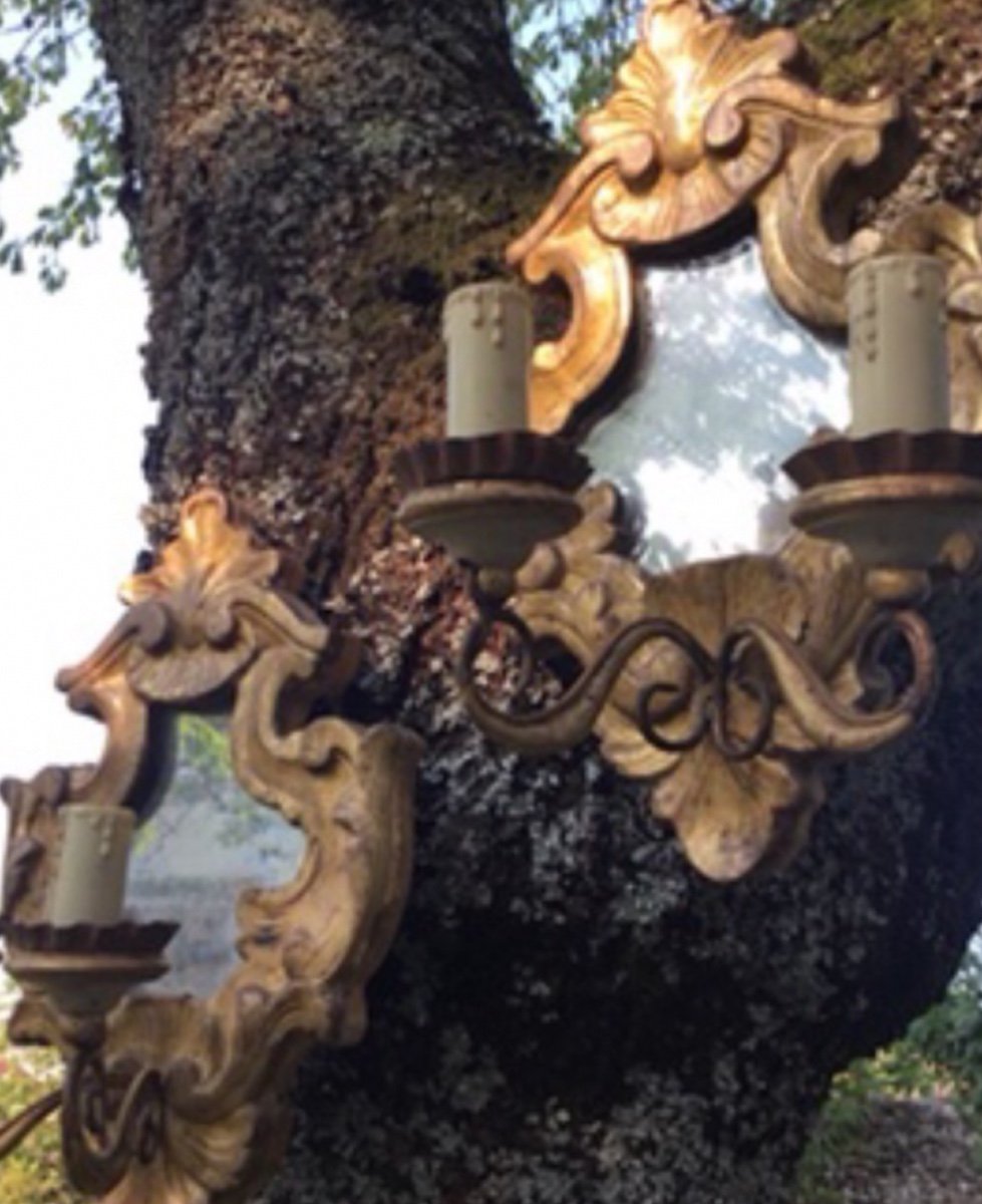 Pair Of Baroque Gilded Wood Mirror Wall Lights