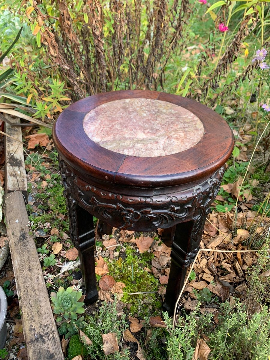 Chinese Stool Carved Exotic Wood And Marble -photo-2