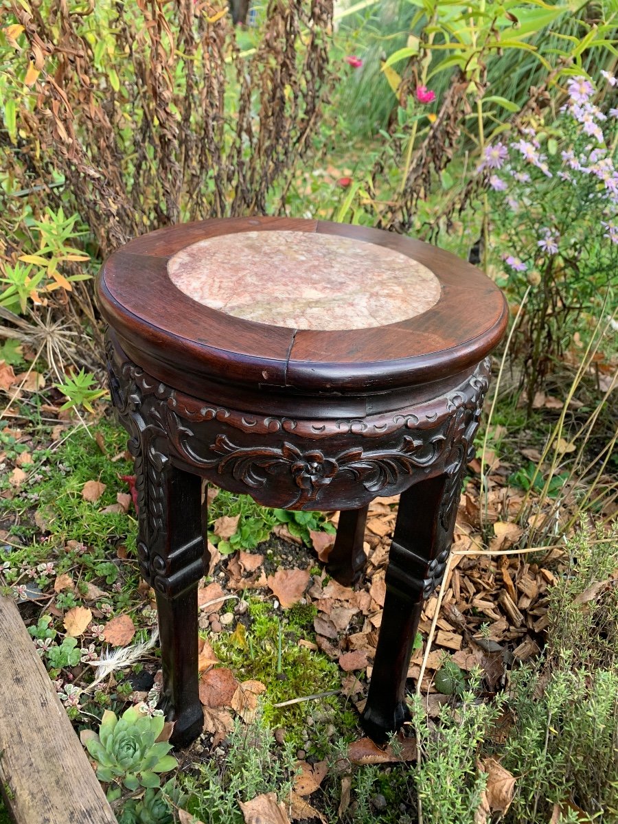 Chinese Stool Carved Exotic Wood And Marble -photo-3