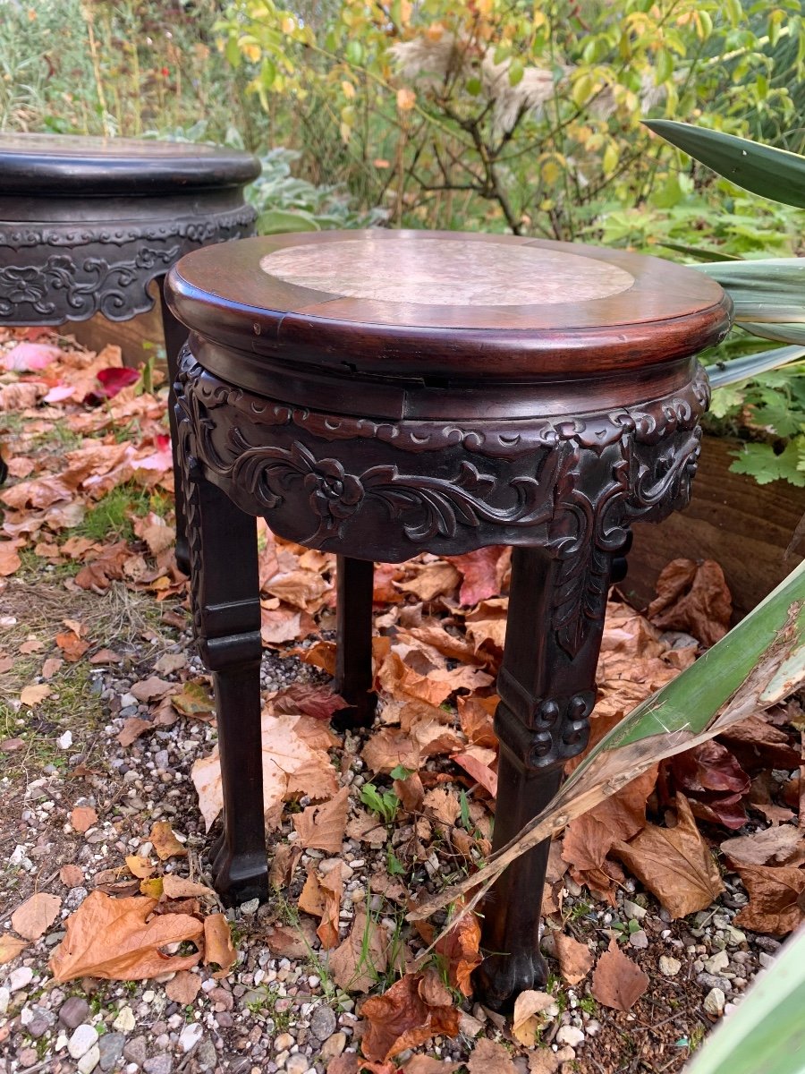 Chinese Stool Carved Exotic Wood And Marble -photo-4