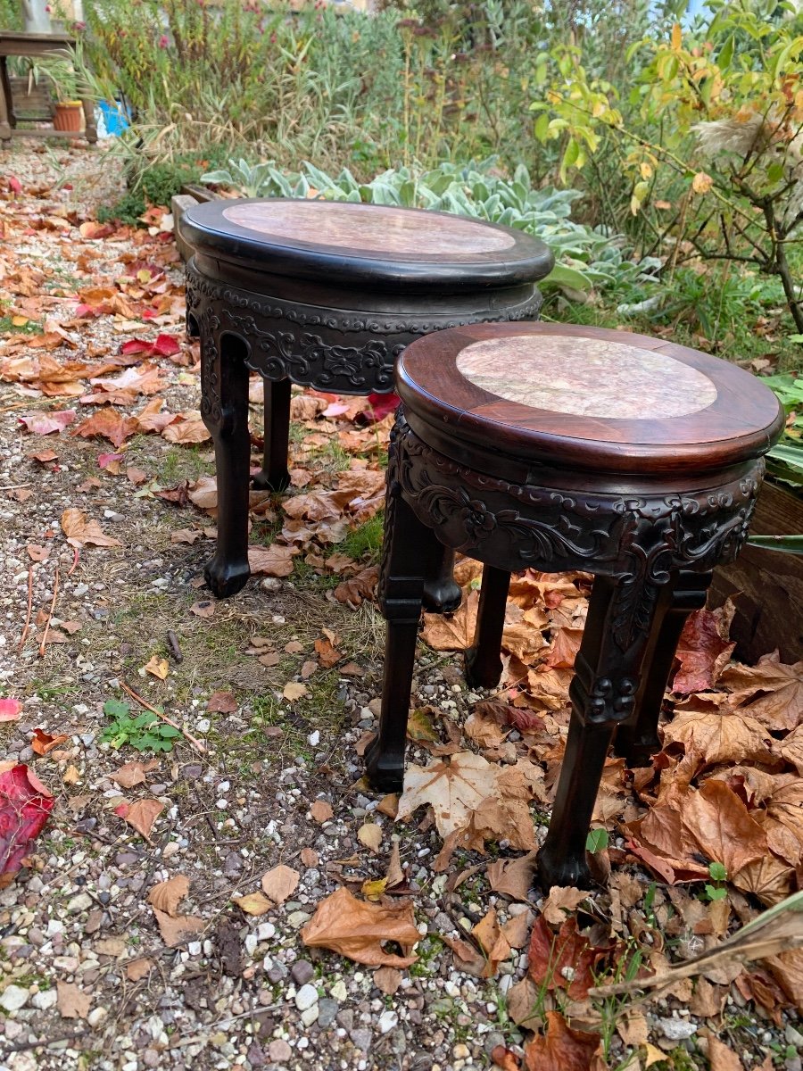 Chinese Stool Carved Exotic Wood And Marble -photo-1