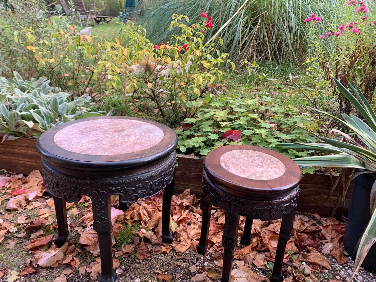 Chinese Stool Carved Exotic Wood And Marble -photo-3