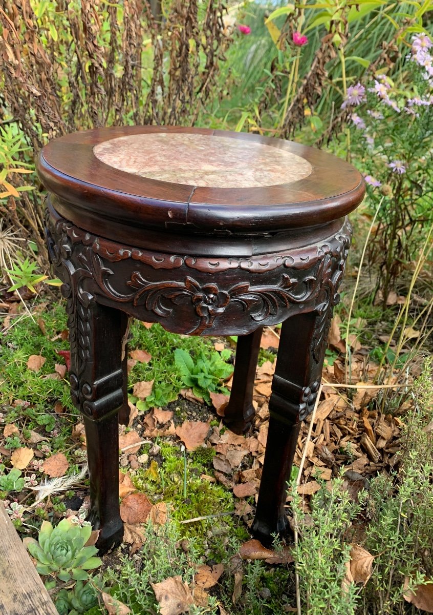 Chinese Stool Carved Exotic Wood And Marble 