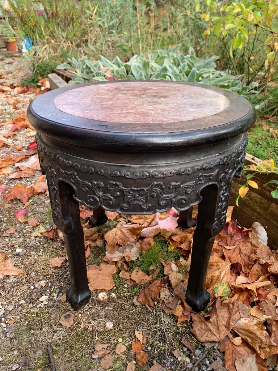 Chinese Stool Carved Exotic Wood And Marble-photo-2