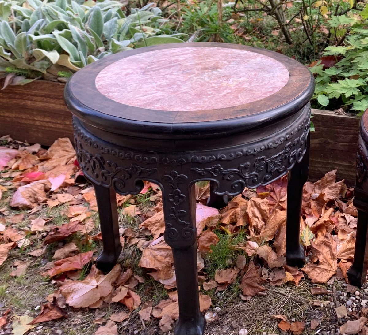 Chinese Stool Carved Exotic Wood And Marble-photo-2