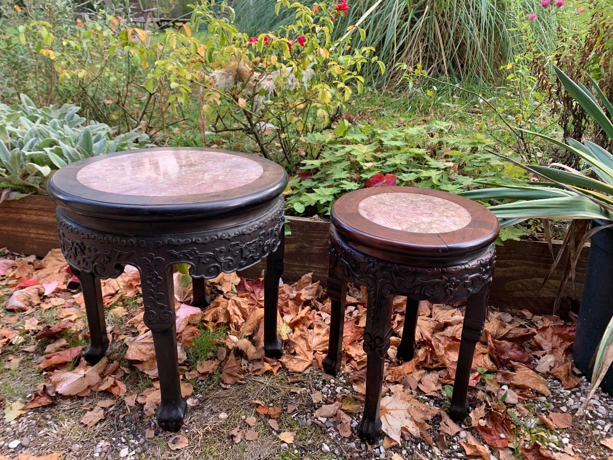 Chinese Stool Carved Exotic Wood And Marble-photo-3