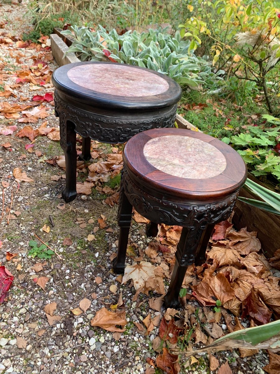 Chinese Stool Carved Exotic Wood And Marble-photo-7