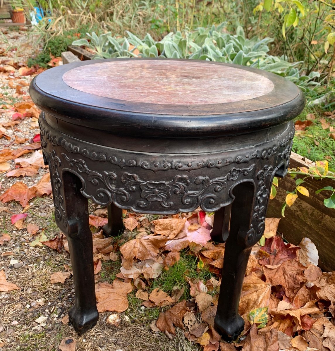 Chinese Stool Carved Exotic Wood And Marble