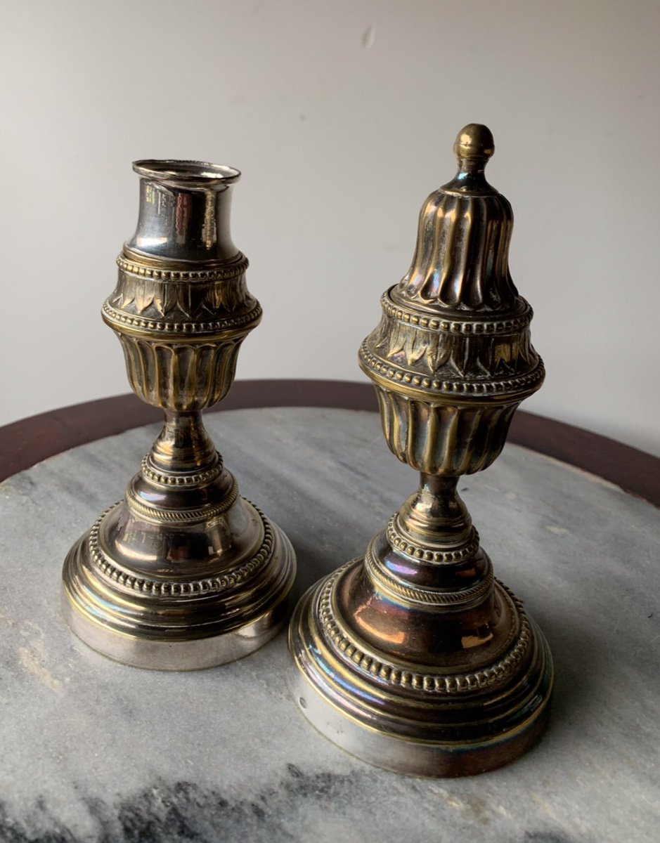 Pair Of Reversible Cassolette Candlesticks, In Louis XVI Silver Plated Metal -photo-2