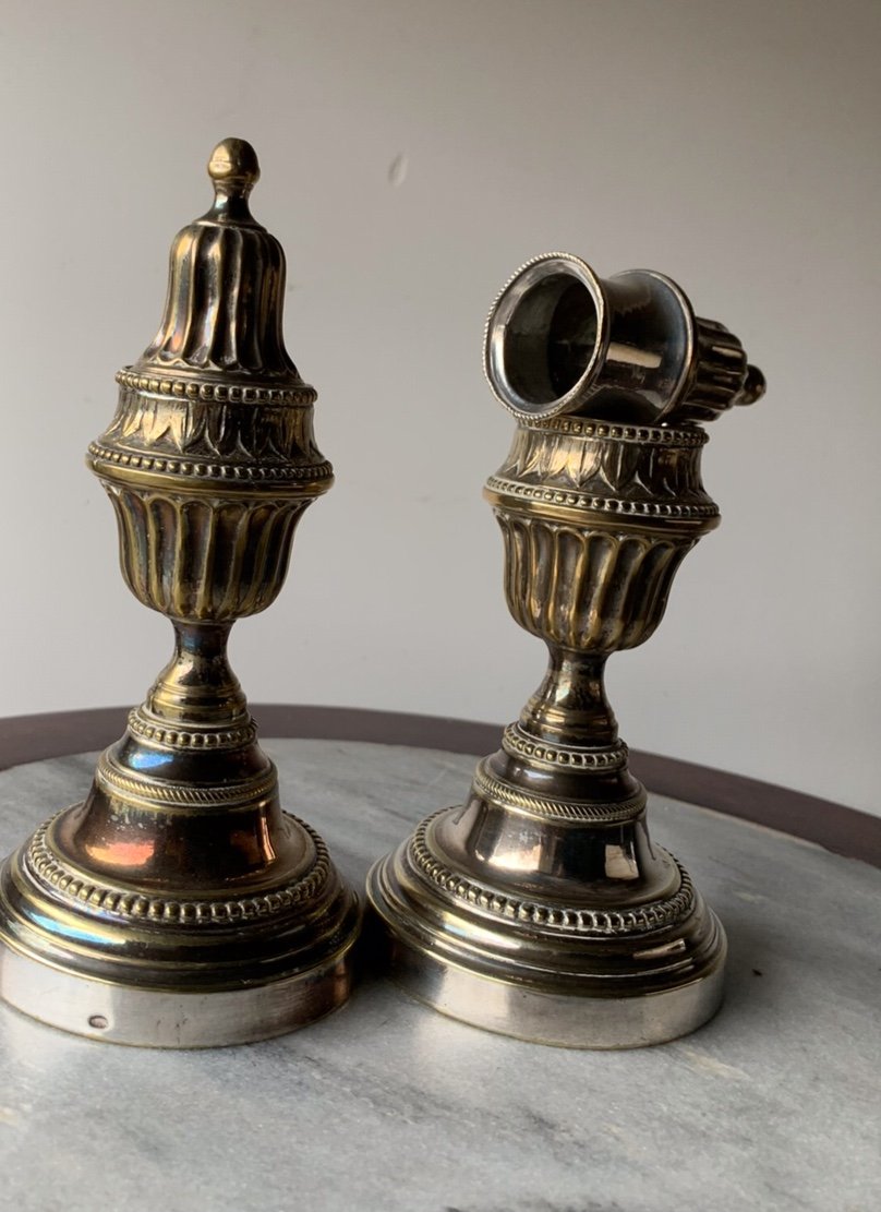 Pair Of Reversible Cassolette Candlesticks, In Louis XVI Silver Plated Metal -photo-4