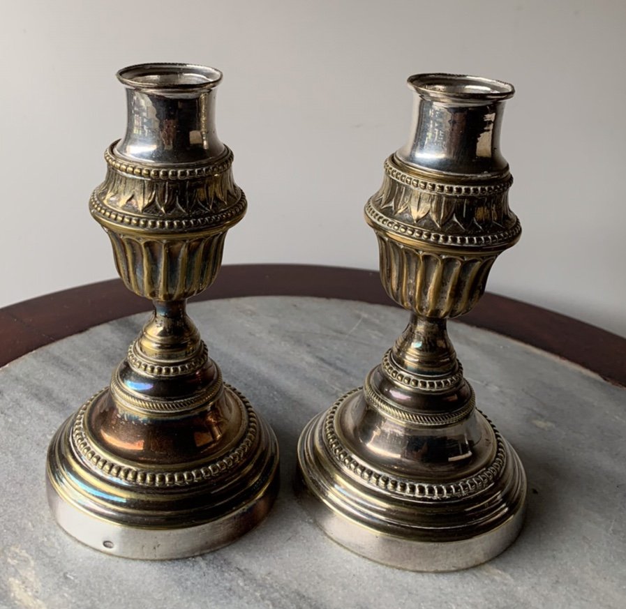 Pair Of Reversible Cassolette Candlesticks, In Louis XVI Silver Plated Metal -photo-3