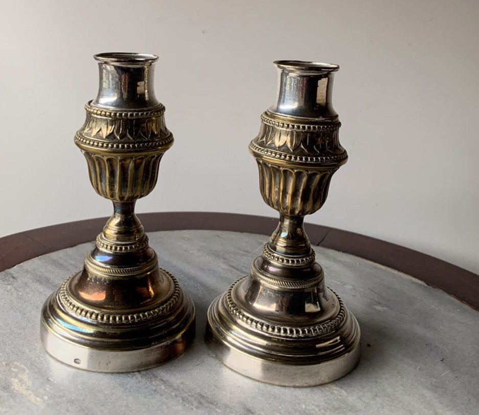 Pair Of Reversible Cassolette Candlesticks, In Louis XVI Silver Plated Metal -photo-4