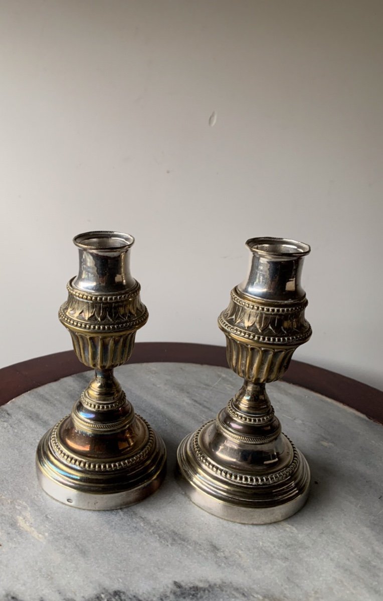 Pair Of Reversible Cassolette Candlesticks, In Louis XVI Silver Plated Metal -photo-5