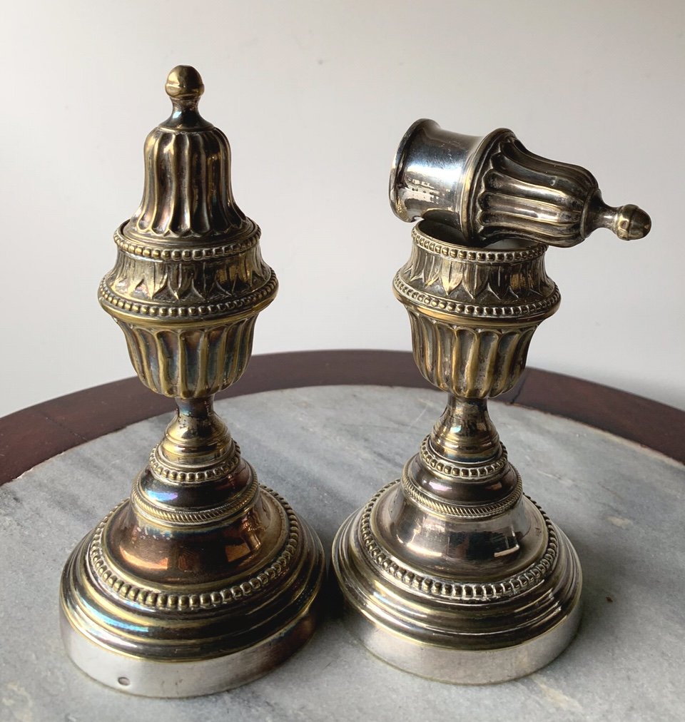 Pair Of Reversible Cassolette Candlesticks, In Louis XVI Silver Plated Metal 