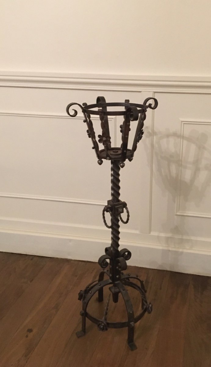 Folk Art, Imposing Wrought Iron Candlestick -photo-2