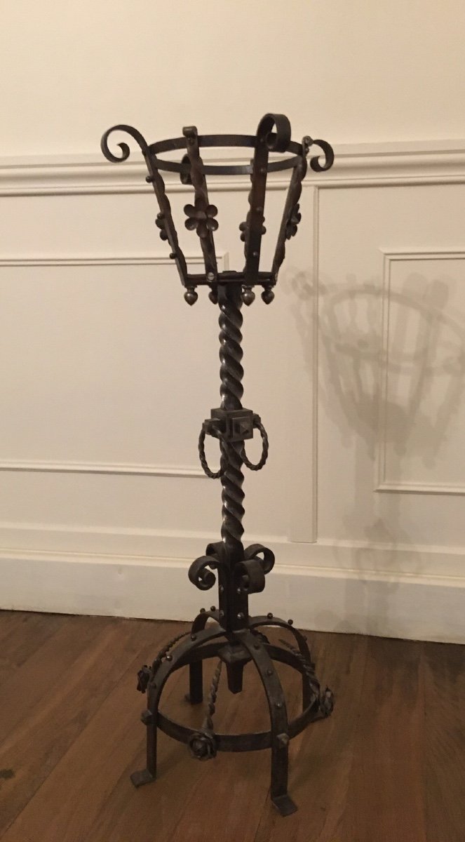 Folk Art, Imposing Wrought Iron Candlestick -photo-3