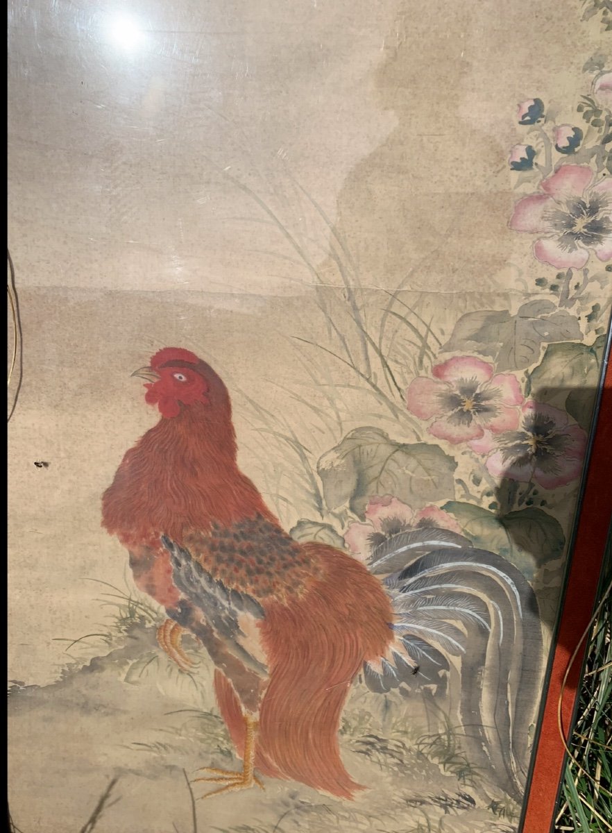 Asian Watercolor The Rooster With The Hollyhock -photo-4