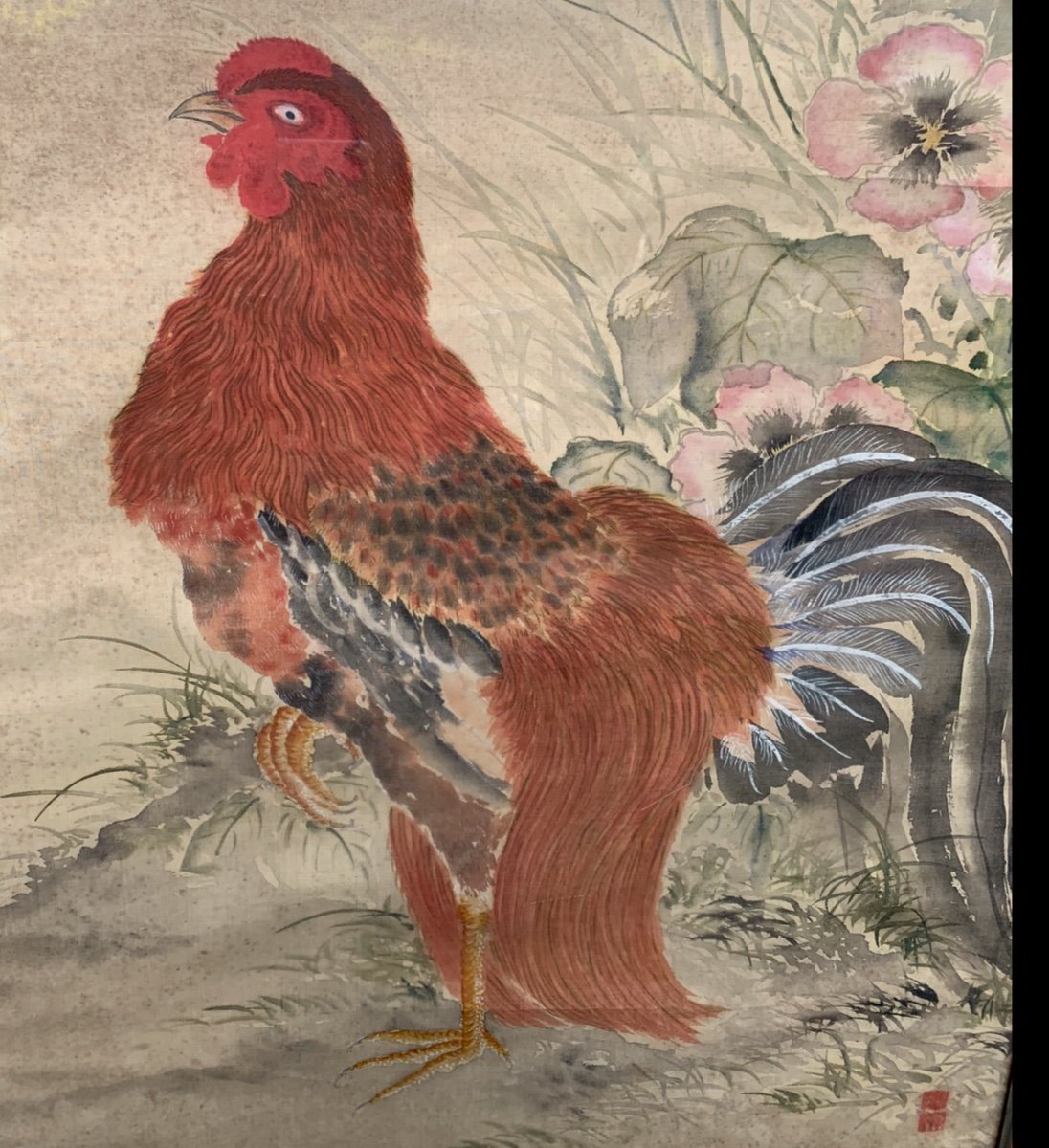 Asian Watercolor The Rooster With The Hollyhock -photo-8