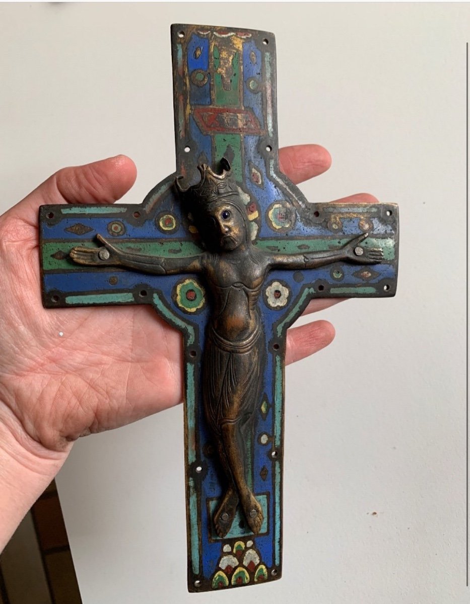 Rare Cross With Christ In Copper And Champlevé Enamels-photo-3