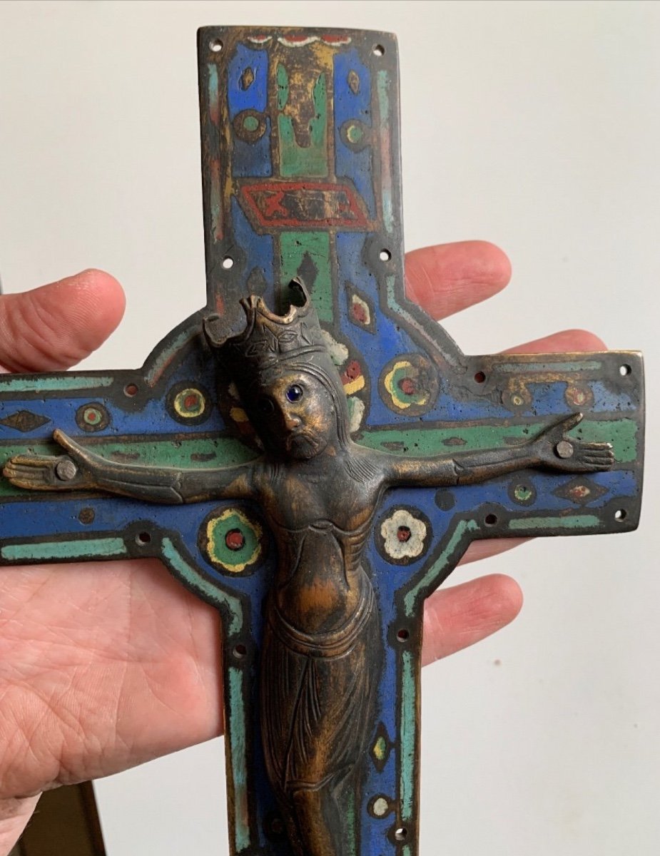 Rare Cross With Christ In Copper And Champlevé Enamels-photo-4