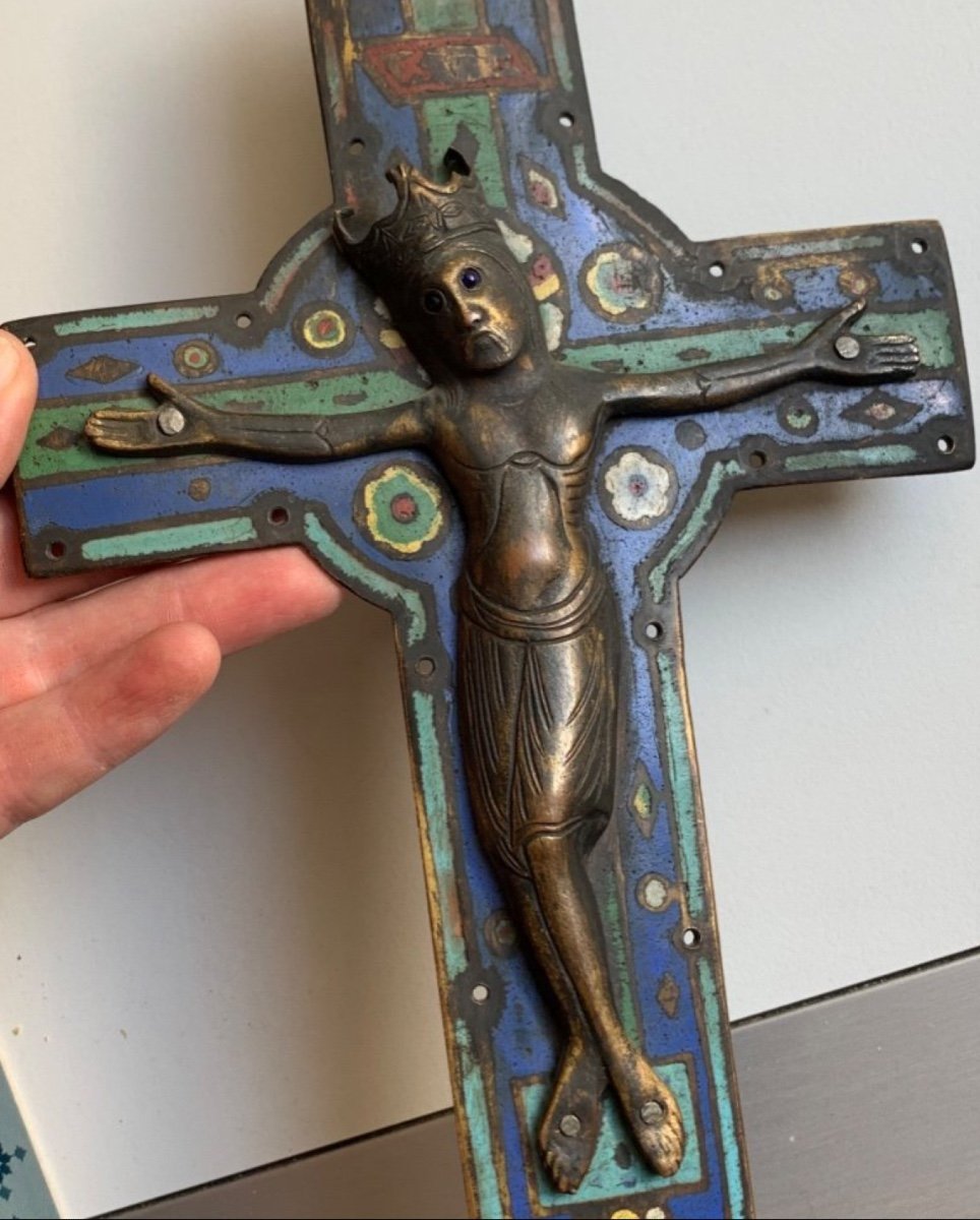 Rare Cross With Christ In Copper And Champlevé Enamels-photo-6