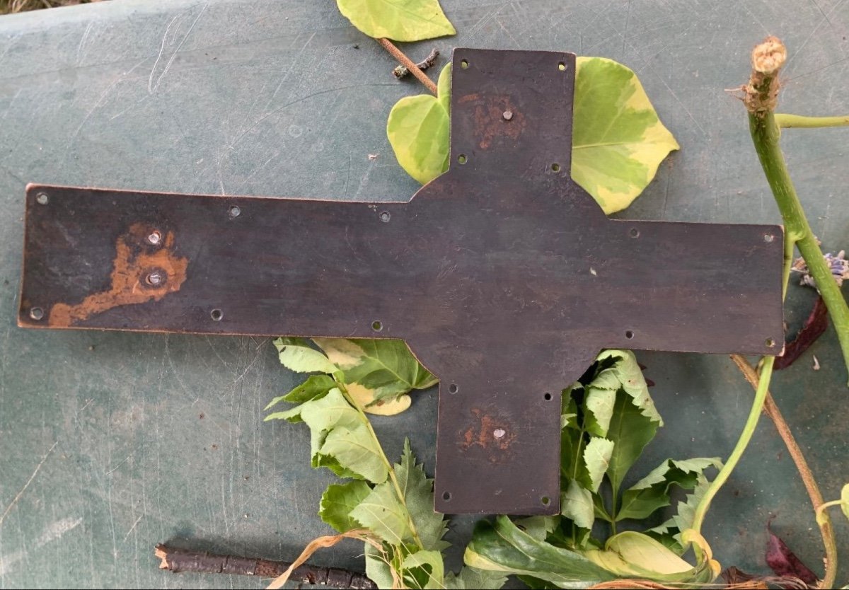 Rare Cross With Christ In Copper And Champlevé Enamels-photo-7