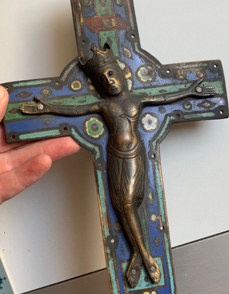 Rare Cross With Christ In Copper And Champlevé Enamels