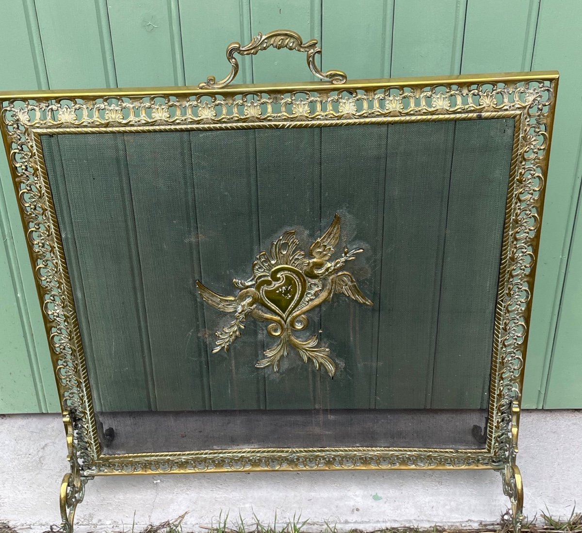 Gilt Bronze Fire Screen With Winged Heart-photo-2