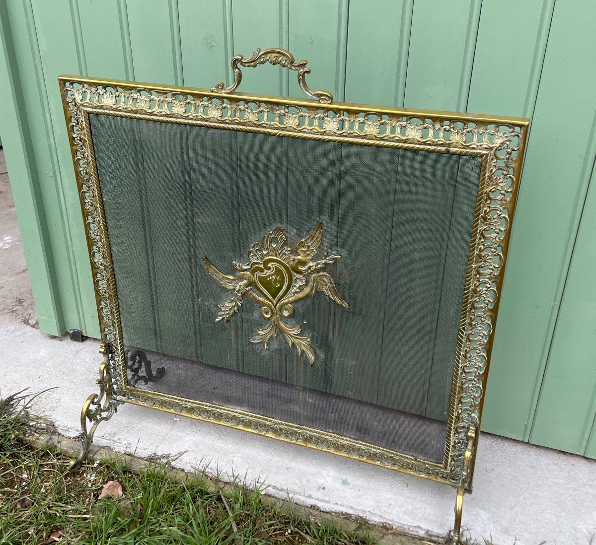 Gilt Bronze Fire Screen With Winged Heart-photo-3