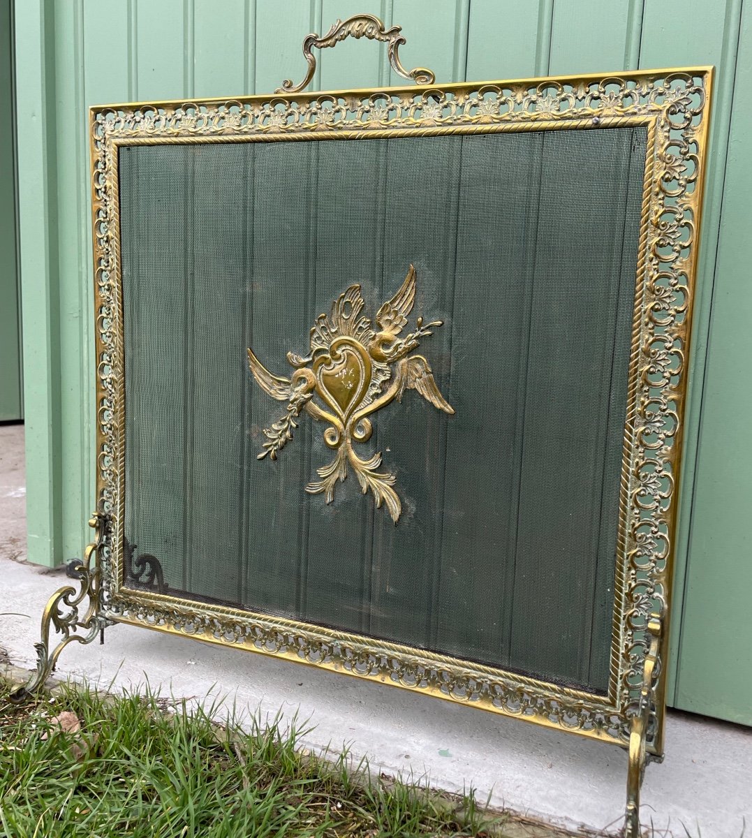 Gilt Bronze Fire Screen With Winged Heart