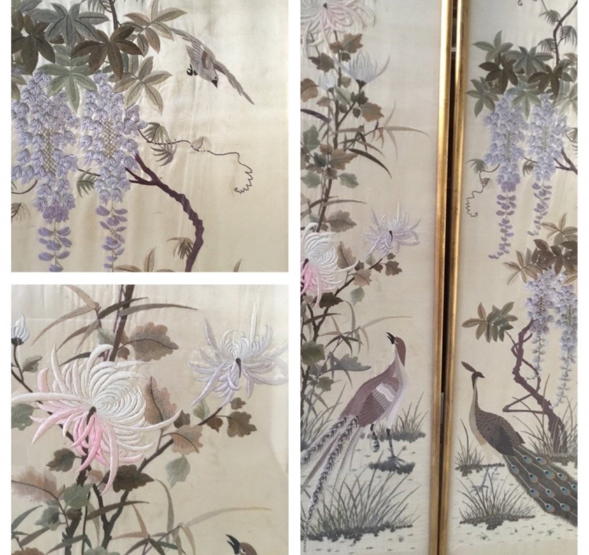 Pair Of Embroideries Decorated With Birds And Wisteria, China, Circa 1900-photo-3