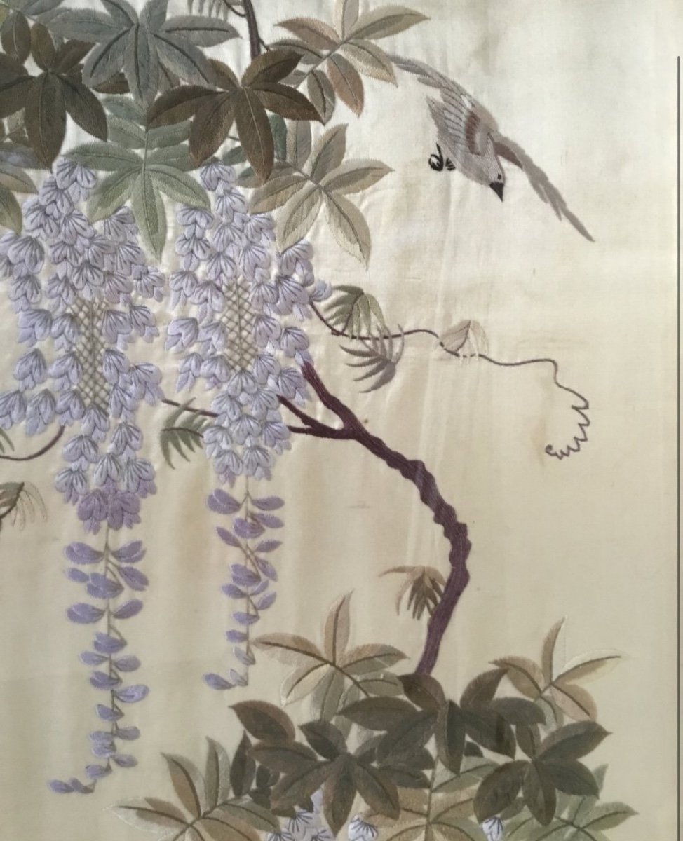 Pair Of Embroideries Decorated With Birds And Wisteria, China, Circa 1900-photo-2