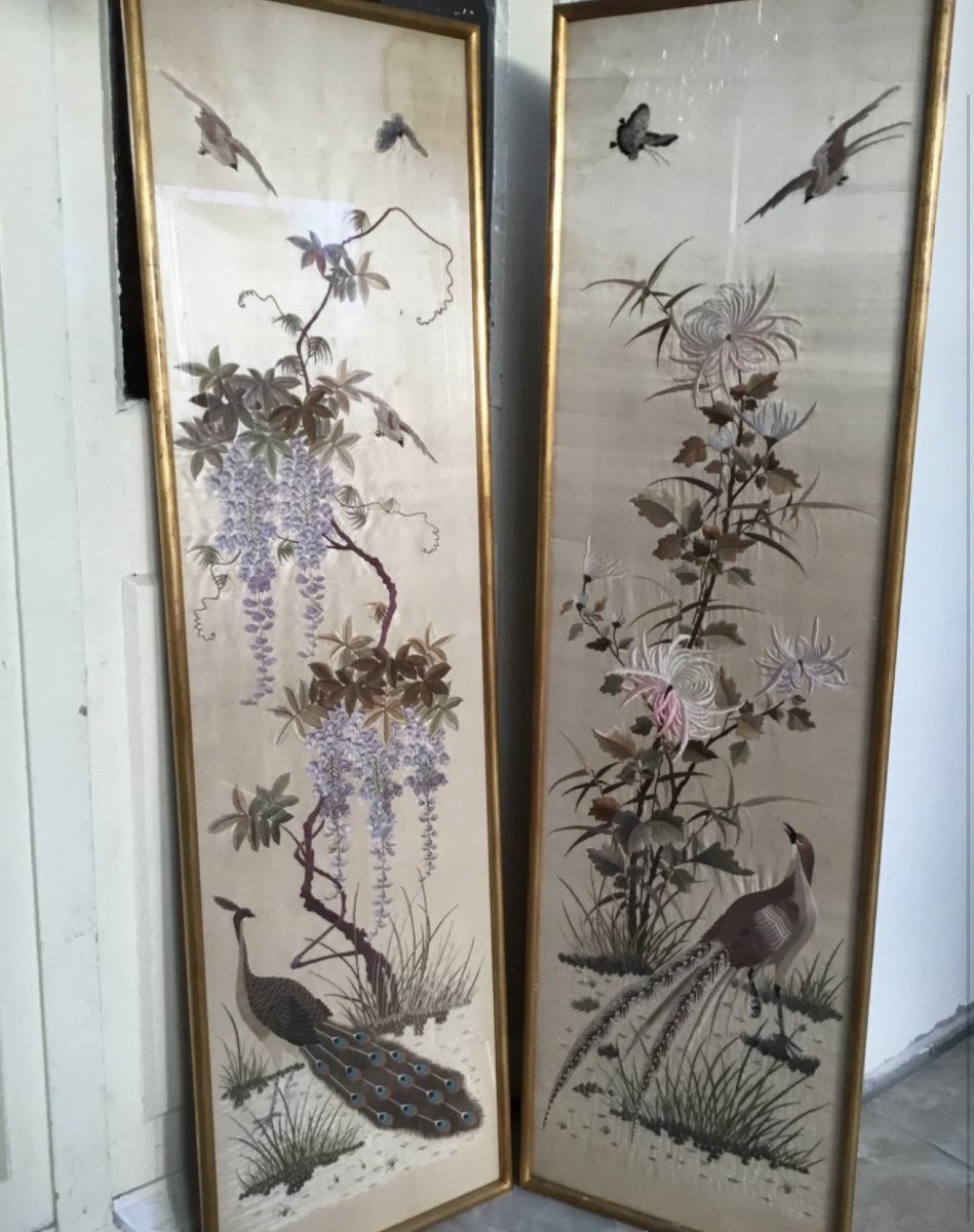 Pair Of Embroideries Decorated With Birds And Wisteria, China, Circa 1900-photo-5