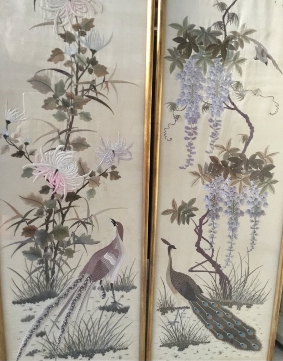 Pair Of Embroideries Decorated With Birds And Wisteria, China, Circa 1900-photo-7