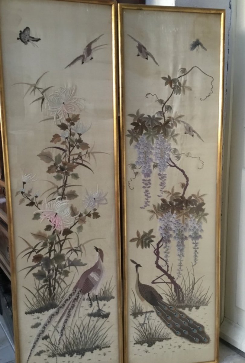 Pair Of Embroideries Decorated With Birds And Wisteria, China, Circa 1900