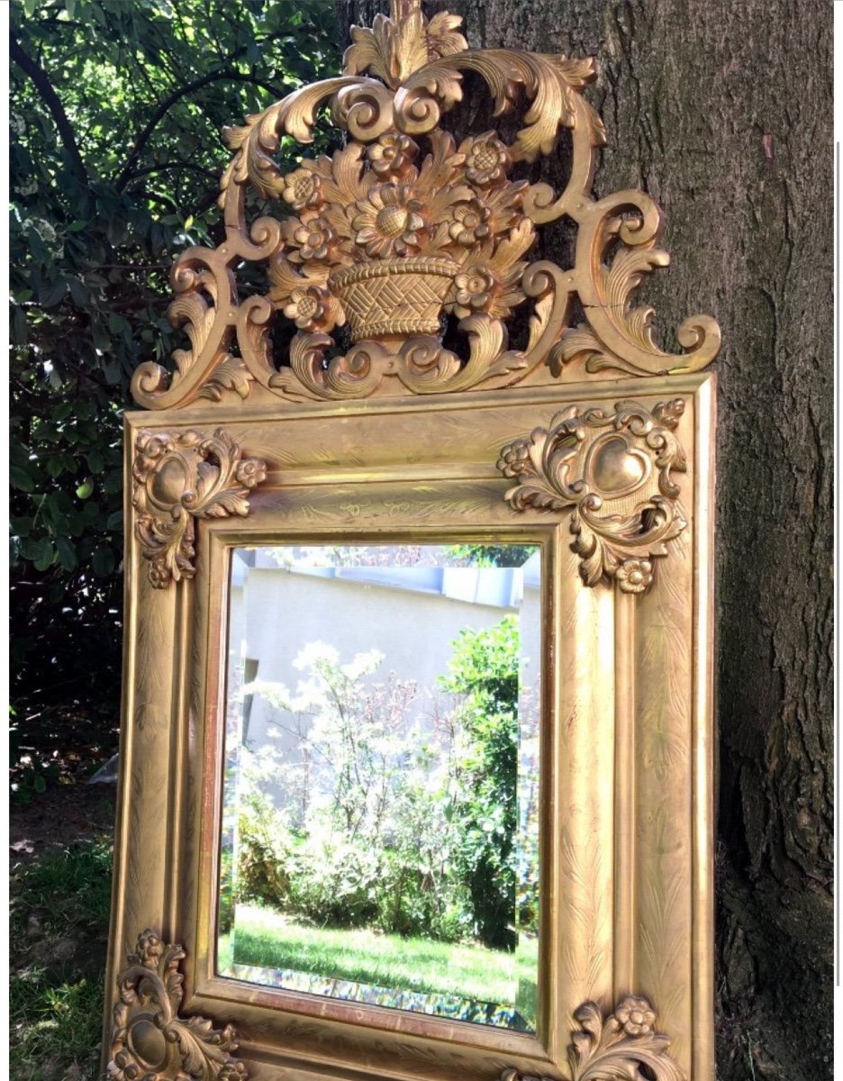 Louis XIV Mirror, Molded And Gilded Wood, Heart-shaped Cartouches, 18th Century-photo-2