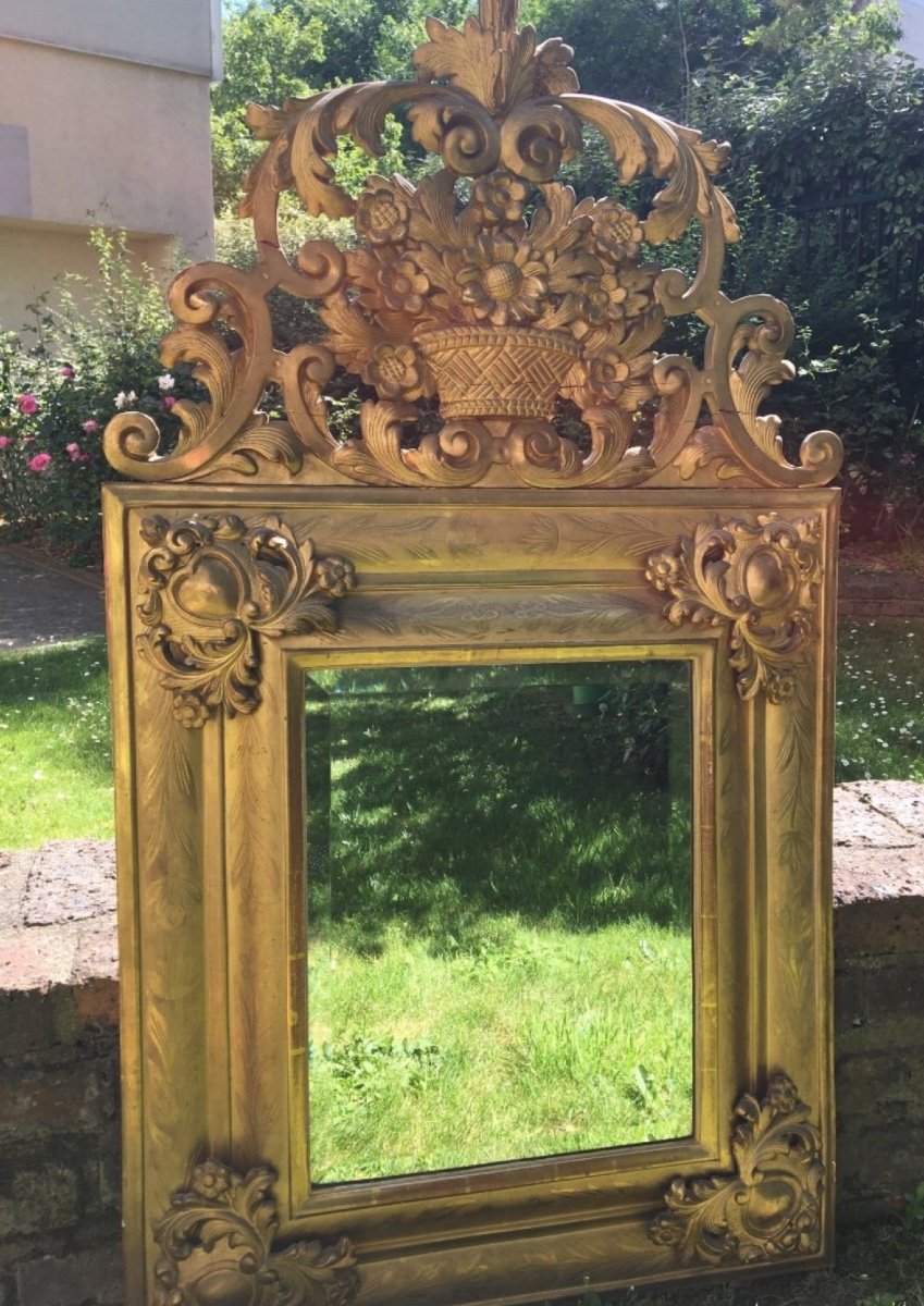 Louis XIV Mirror, Molded And Gilded Wood, Heart-shaped Cartouches, 18th Century-photo-3