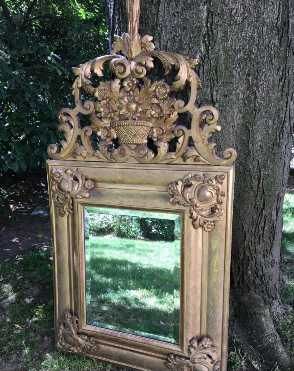 Louis XIV Mirror, Molded And Gilded Wood, Heart-shaped Cartouches, 18th Century-photo-4