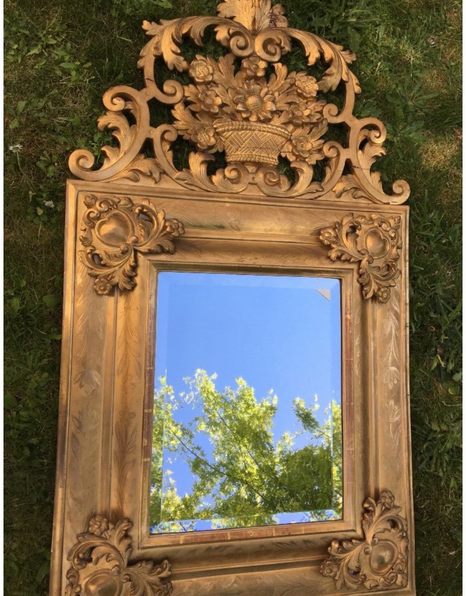 Louis XIV Mirror, Molded And Gilded Wood, Heart-shaped Cartouches, 18th Century-photo-1