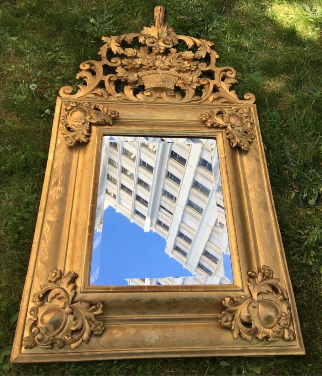 Louis XIV Mirror, Molded And Gilded Wood, Heart-shaped Cartouches, 18th Century-photo-2