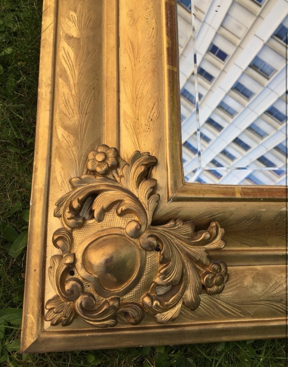 Louis XIV Mirror, Molded And Gilded Wood, Heart-shaped Cartouches, 18th Century-photo-3