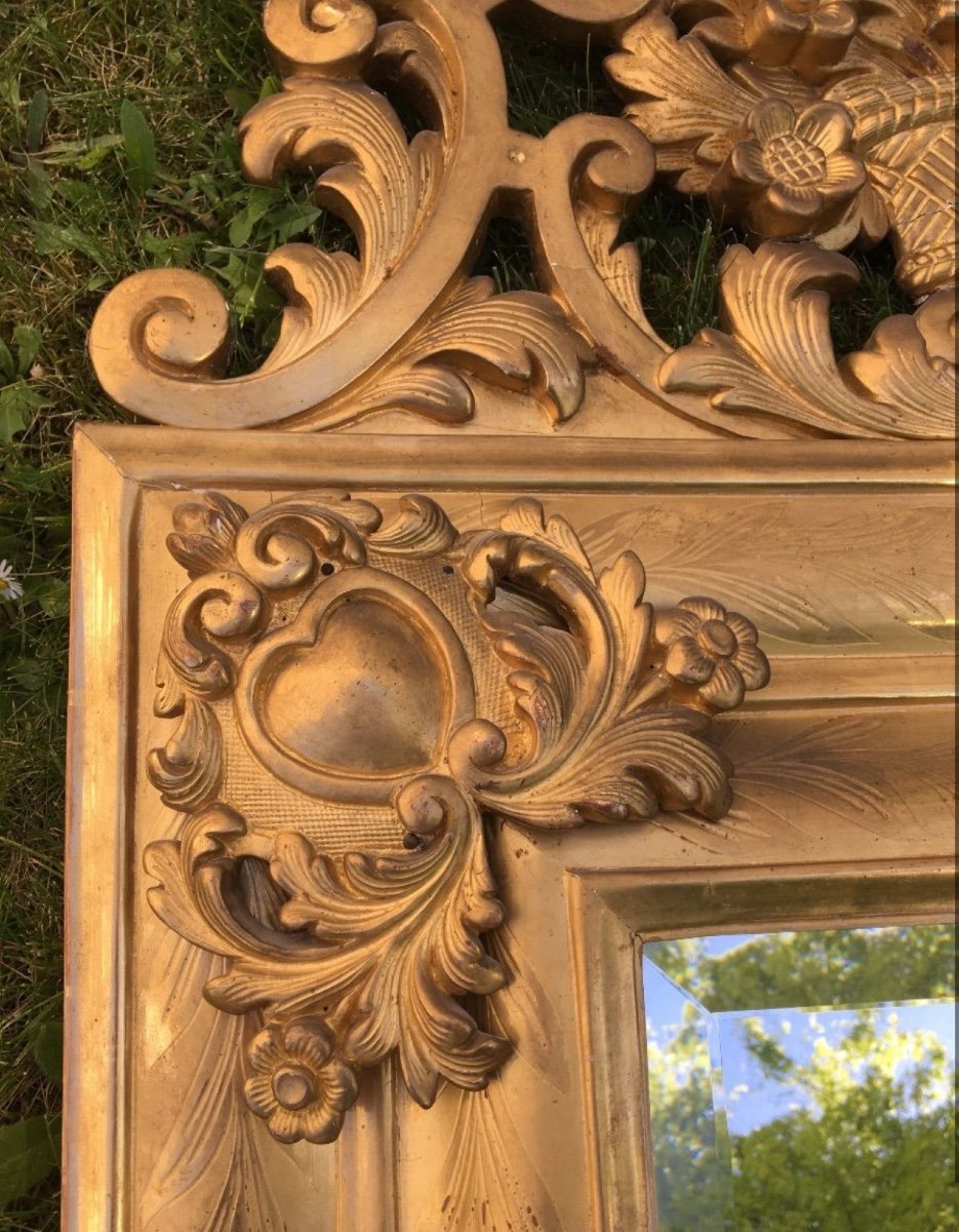 Louis XIV Mirror, Molded And Gilded Wood, Heart-shaped Cartouches, 18th Century-photo-4