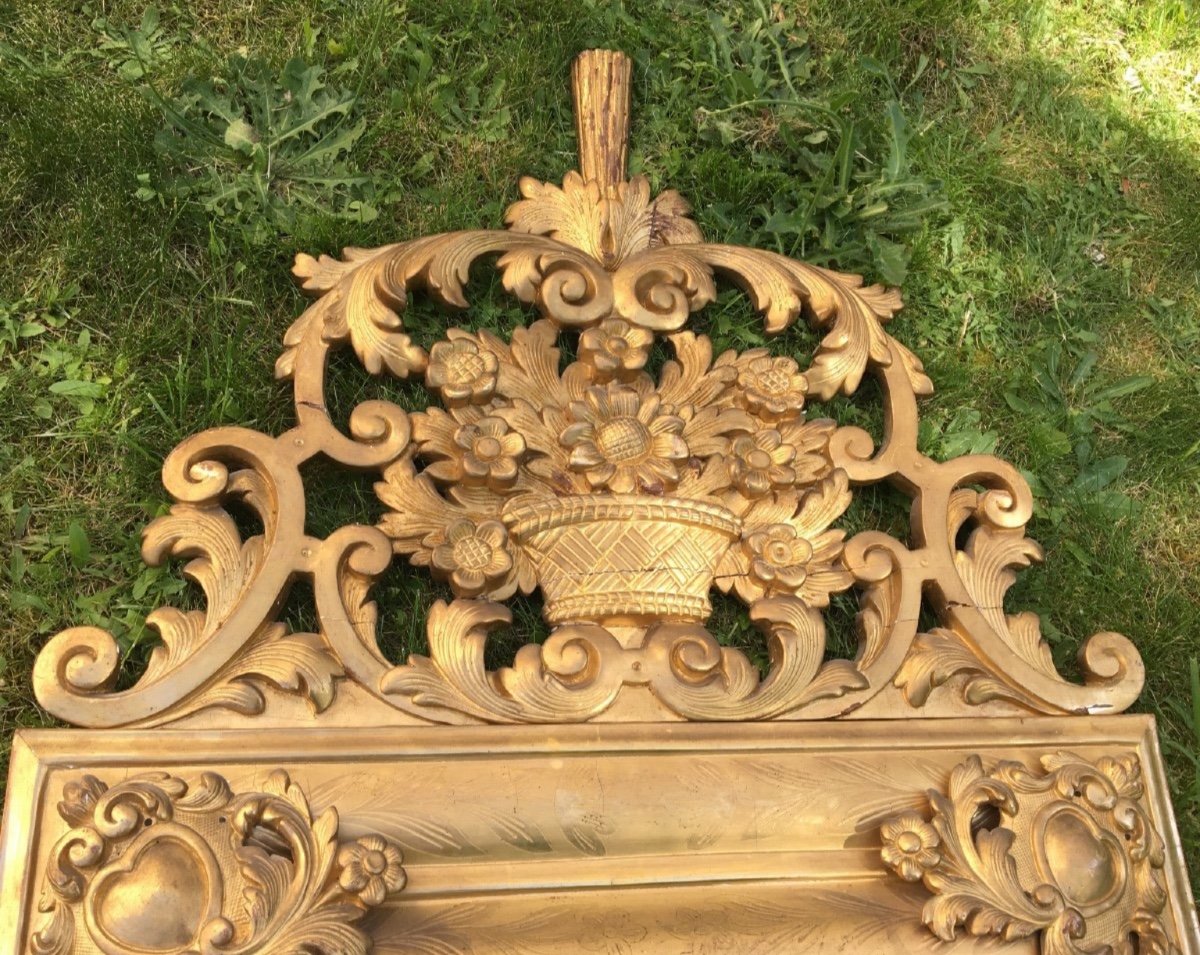 Louis XIV Mirror, Molded And Gilded Wood, Heart-shaped Cartouches, 18th Century-photo-5