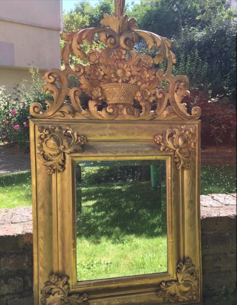 Louis XIV Mirror, Molded And Gilded Wood, Heart-shaped Cartouches, 18th Century-photo-6