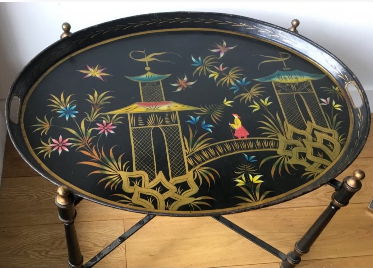 Coffee Table With Metal Base And Sheet Metal Top, Chinese Decor