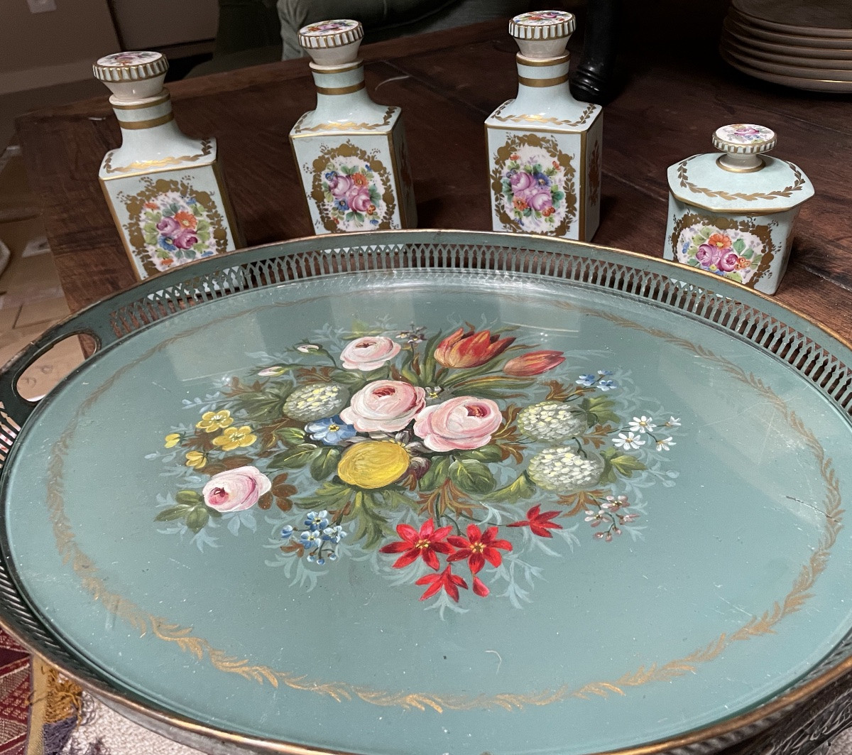 Porcelain Toilet Service And Matching Painted Tin Tray -photo-2