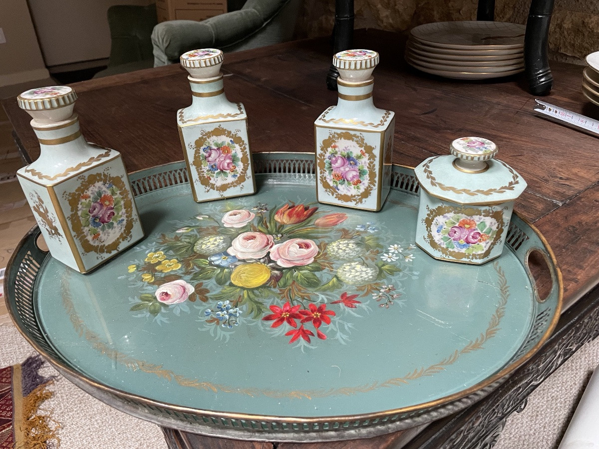 Porcelain Toilet Service And Matching Painted Tin Tray -photo-3