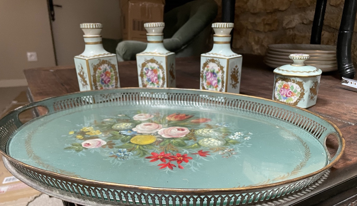 Porcelain Toilet Service And Matching Painted Tin Tray -photo-1