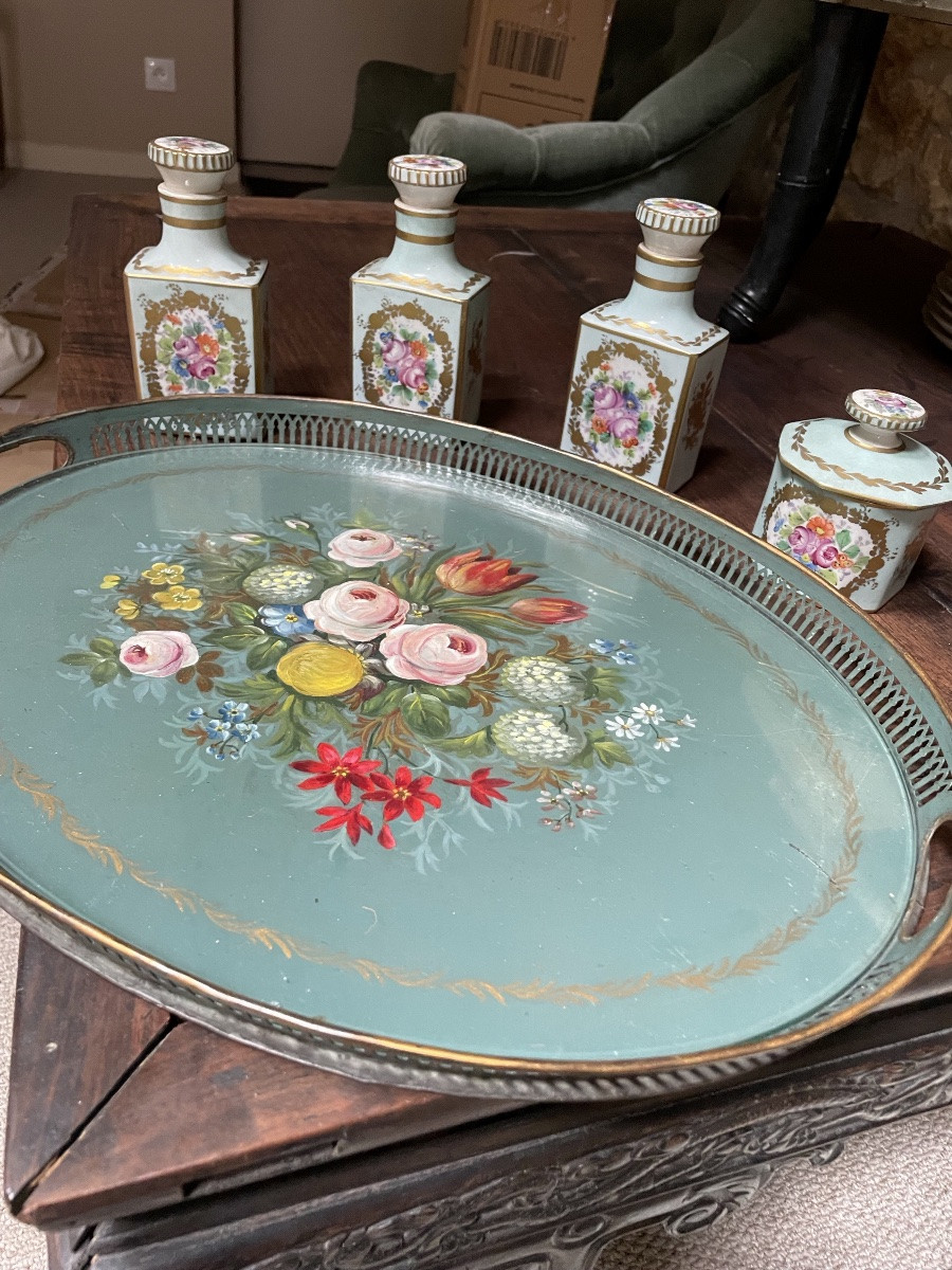 Porcelain Toilet Service And Matching Painted Tin Tray -photo-8